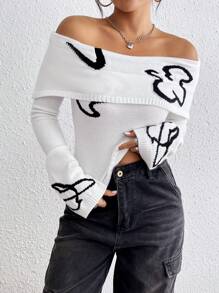 Chiquease Women's Casual Color Block Pattern Off Shoulder Fitted Short Sweater, Autumn Knit Pullover Fall Winter Outfit