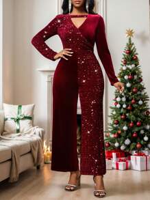 SHEIN Lady 跨年衣服 圣诞女装 圣诞派对礼服 圣诞派对&新年派对 酒红色女式连体裤 亮片天鹅绒拼接设计连体裤 V领优雅女式连体裤 阔腿款女式连体裤 婚礼连体裤 - 酒紅色 - 查看 8