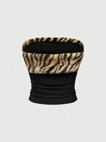 ROMWE Grunge Punk 1 件女式 Gyaru 黑色针织短款上衣，带水钻装饰，斑马条纹印花拼布设计，适合亚文化风格 - 彩色 - 查看 2