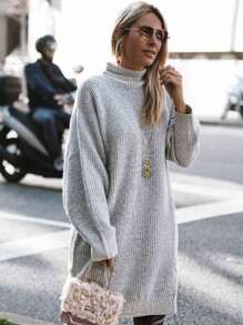 SHEIN Clasi Women's Drop Shoulder Long Sleeve Knitted Sweater Dress - Grey - View 4