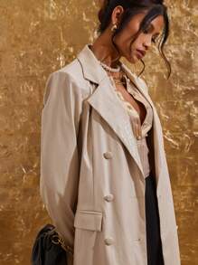 COSMINA 女士纯色双排扣优雅通勤长袖长外套 - 奶油色 - 查看 5