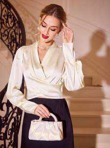 Vintamour Elegant Cream White Women Blouse Satin V-Neck Lantern Ruched Long Sleeve Tops For Dining,Autumn Winter Office,Christmas Thanksgiving Holiday Clothes - White - View 4