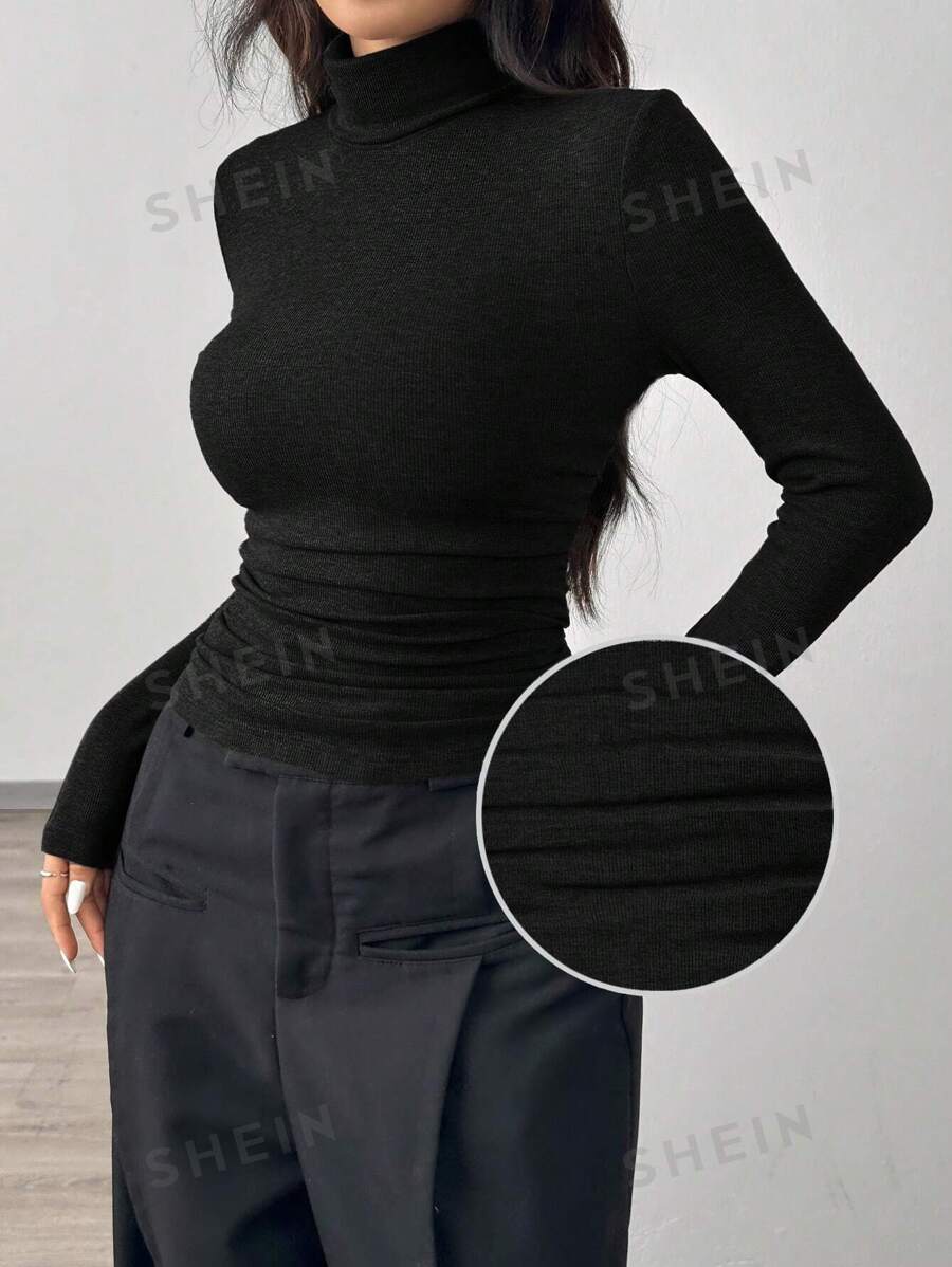 SHEIN EZwear Damen schwarzer Rollkragen Langarm gestricktes Slim Fit T-Shirt, Lässig für den Herbst - Schwarz - Übersicht 1