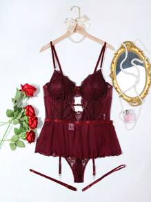 SHEIN 4 件套大码性感网眼蕾丝拼布泰迪内衣套装 - 酒紅色 - 查看 3