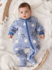 Cozy Pixies Newborn Baby Boy Star Pattern 3D Ear Hooded Long Sleeve Romper And Pants Set, Casual All-Match Thick Warm Outfits For Autumn/Winter - Blue - View 1
