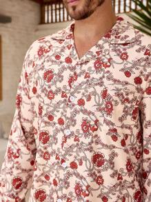 Manfinity ChillVibe 2pcs Men Floral Print Single-Breasted Long Sleeve Top And Pants Loungewear Set - Red and White - View 6