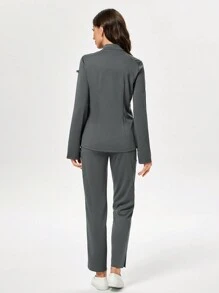 TaskEZ Women's Long Sleeve Collared Multi-Pocket Nursing Uniform Scrub Top - Grey - View 2