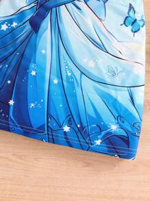 年轻女孩卡通印花圆领上衣和迷你裙套装，休闲秋季 - 藍色 - 查看 4