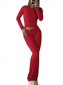 INAWLY Solva 2pcs Women Solid Color Crew Neck Long Sleeve Top And Pants Casual Set