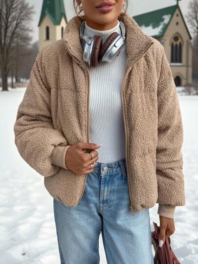 SHEIN LUNE Casual Women's Plush Padded Pocket Short Jacket, Warm For Winter Winter Women Dress