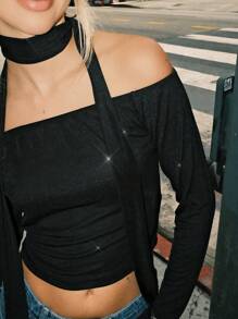 SHEIN EZwear 女士露肩长袖时尚修身优雅迷人纯黑色 T 恤秋冬季