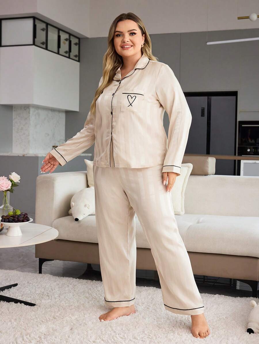 Plus Size Apricot Minimalist Fashion Poplin Fabric Long Pants & Long Sleeve Casual Comfy Loose 2pcs Pajama Set
