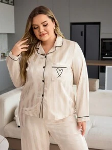 Plus Size Apricot Minimalist Fashion Poplin Fabric Long Pants & Long Sleeve Casual Comfy Loose 2pcs Pajama Set