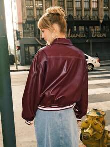 SHEIN EZwear Drop Shoulder Long Sleeve Zip Up Red PU Leather Jacket - Burgundy - View 3