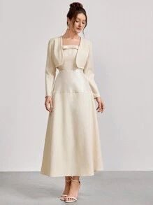 SHEIN Belle 纯色细肩带连衣裙搭配短袖方领夹克，优雅舞会礼服（重饰），舞会半正式礼服，适合生日、婚礼嘉宾、毕业返校节 - 杏色 - 查看 1