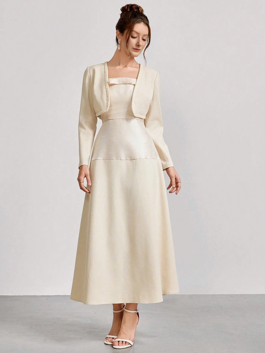 SHEIN Belle 纯色细肩带连衣裙搭配短袖方领夹克，优雅舞会礼服（重饰），舞会半正式礼服，适合生日、婚礼嘉宾、毕业返校节 - 杏色 - 查看 1