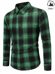 Manfinity Homme 1pc Men's Button Front Long Sleeve Plaid Casual Shirt, Everyday Wear