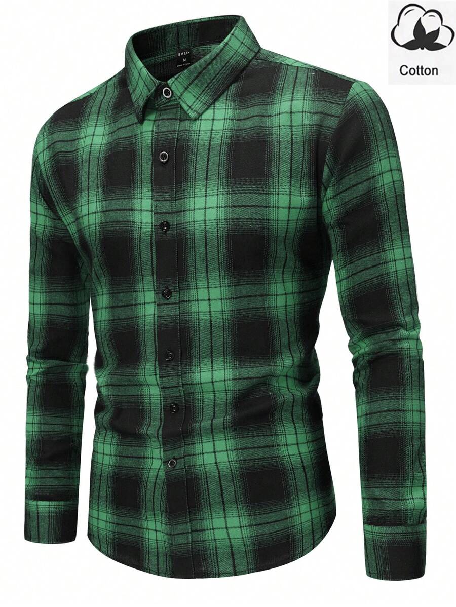 Manfinity Homme 1pc Men's Button Front Long Sleeve Plaid Casual Shirt, Everyday Wear
