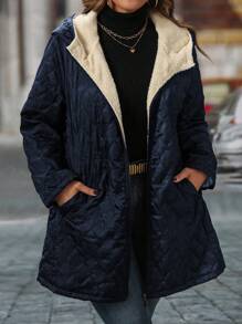 SHEIN LUNE Plus Size Solid Color Thermal Lined Hooded Winter Clothes Jacket - Navy Blue - View 6