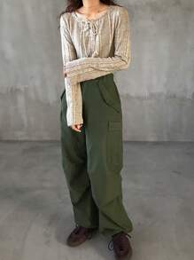 FRIFUL Women Casual Solid Color Ribbed Twist Collar Loose Long Sleeve T-Shirt, For Spring & Autumn Summer