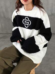 FRIFUL 女士秋冬撞色圆领落肩长袖休闲针织毛衣