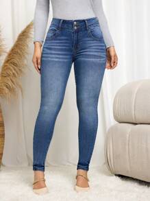 SHEIN Essnce Casual Washed Skinny Jeans, Autumn/Winter - Medium Wash - View 8