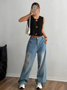 SHEIN Unity Fashionable Round Neck Button Closure Minimalist Sleeveless Knit Top - Black - View 5