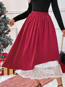 SHEIN Clasi 女款純色拼接百褶極簡風裙，休閒日常穿著 - 紅色 - 查看 1