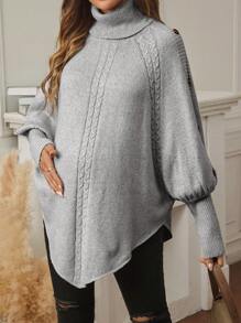 SHEIN 孕妇纯色高领不对称下摆优雅长袖套头毛衣，适合孕妇 - 淺灰色 - 查看 3