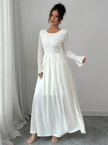 Elenzga Vestido de cóctel elegante de color albaricoque para mujer, para fiesta, boda, vestido de alto nivel con mezcla de encaje, espalda abierta, de seda y satén, corte evasé