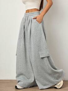 SHEIN Unity Women's Grey Low Waist Baggy Sweatpants. With Drawstring Tie Waist Side Pockets Pleated Design Side Pocket. Super Baggy And Oversized. Everyday Essentials. - Grey - View 6