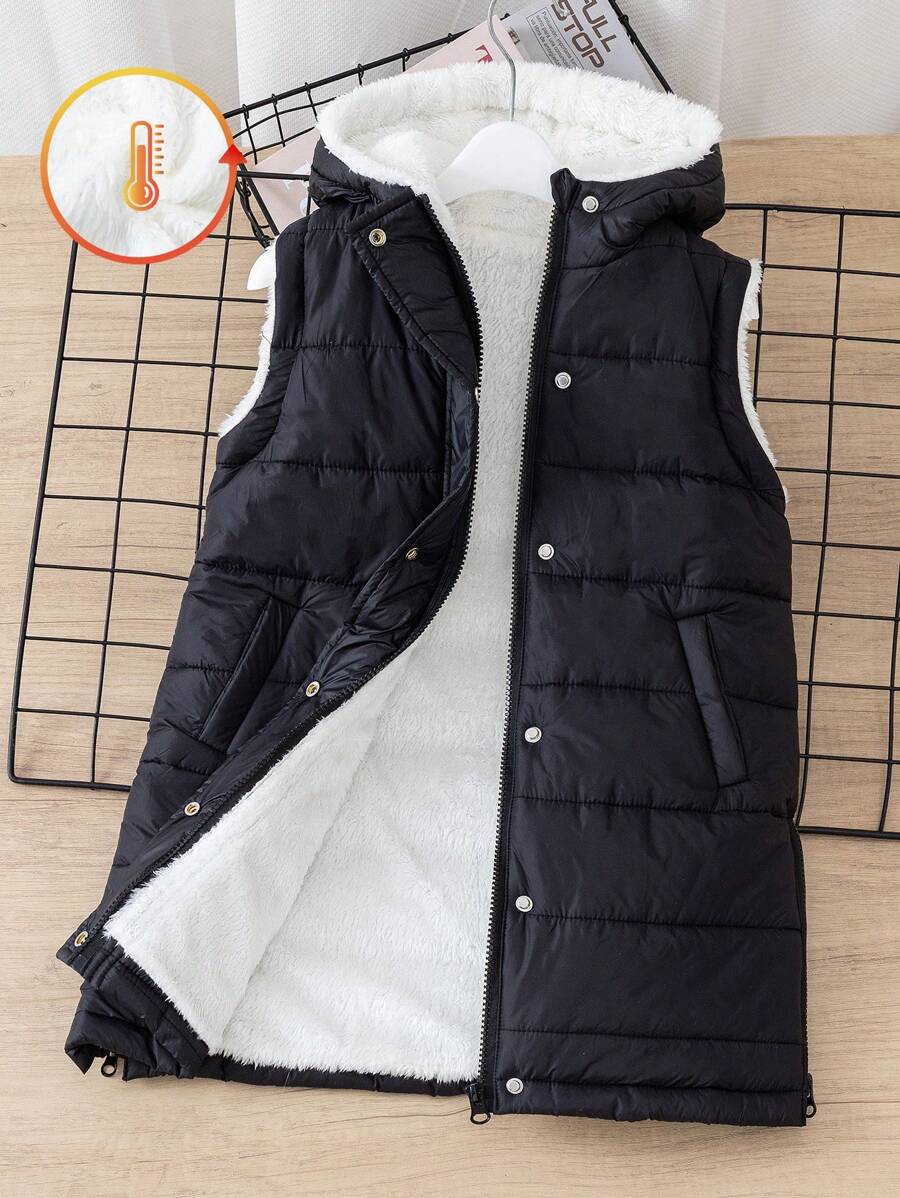 SHEIN 带帽拉链的年轻女孩加厚背心，冬季保暖厚实 - 黑色 - 查看 1