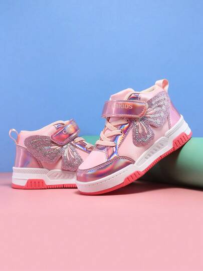 女童高帮时尚运动鞋，适合秋冬，特殊材质蝴蝶翼装饰，时尚百搭，可调节钩环扣，方便穿脱，厚底运动鞋，彩色运动鞋