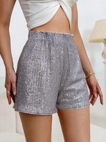 SHEIN Privé 女士时尚休闲松紧腰亮片短裤 - 銀色 - 查看 4
