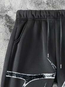 Manfinity Dauomo Quần nỉ thể thao nam họa tiết in họa tiết thường ngày có dây rút buộc ở mắt cá chân, mùa thu - màu đen - Xem 3