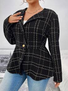 SHEIN Privé Áo khoác kẻ caro dày họa tiết cỡ lớn cho nữ, hàng mới về cho mùa thu/đông - màu đen - Xem 3