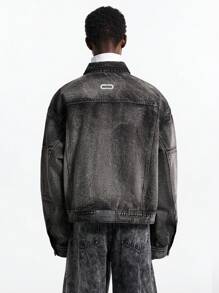 NEON BLANC 男士街头风格字母贴片黑色口袋编织棉质深色牛仔布长袖夹克 - 灰色 - 查看 4