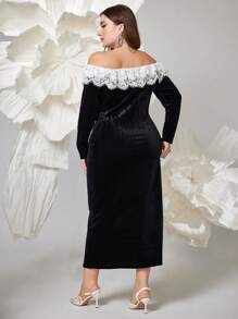 Modelyn 大码女式撞色蕾丝露肩长袖荷叶边下摆开衩优雅连衣裙，优雅修身连衣裙，适合晚会/婚礼嘉宾/周年纪念长款女装 - 黑色 - 查看 2