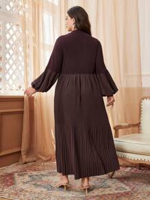 Al Najma 阿拉伯金属纽扣棕色灯笼袖立领褶皱弹力针织中长款适中长袖连衣裙，适合大码女士，通勤