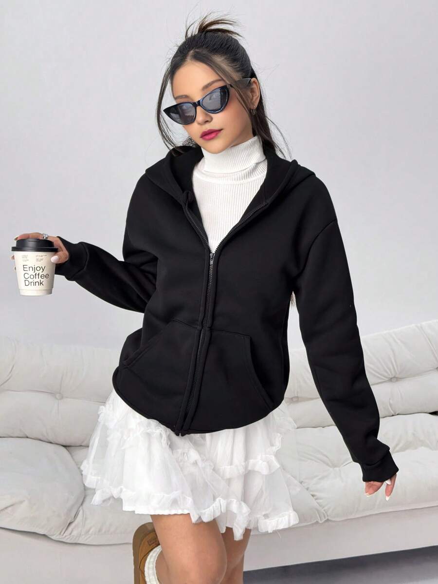 Áo khoác hoodie dài tay ấm áp, giản dị, màu trơn, tối giản, có túi, có khóa kéo, thích hợp cho mọi mùa - màu đen - Xem 1