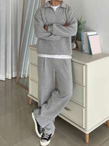 DAZY Men 2pcs/Set Solid Color Full Zip Up Sweatshirt & Sweatpants Sports Suit, Autumn, Cozy Outfits Quarter Zip Men - Light Grey - View 8
