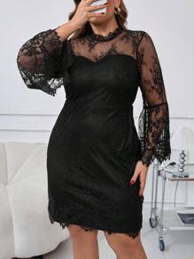 SHEIN Clasi Plus Size Black Lace Flared Sleeve Fitted Mini Dress, Elegant & Sophisticated, Women Autumn Dresses - Black - View 3