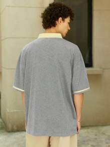 Aesthetic Post Áo thun polo cổ tròn in họa tiết chữ cho nam dáng rộng, mùa hè - Màu Xám nhạt - Xem 2