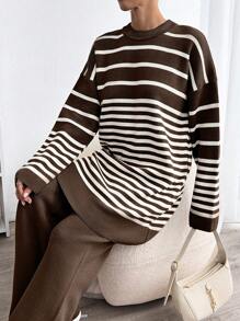 EURMUSE Woman Striped Crew Neck Casual Comfy Warm Sweater Pants Co-Ords - Brown - View 6