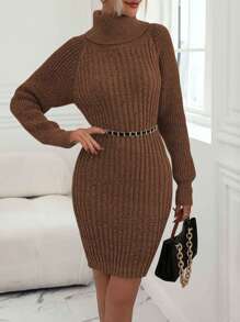 Chiquease 女士纯色高领长袖休闲短款毛衣连衣裙 - 鏽棕色 - 查看 5