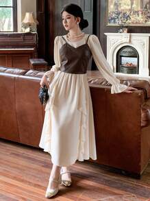 DAZY 2pcs/Set Women's Solid Color Spaghetti Strap Simple PU Blouse And Round Neck Long Sleeve Ruffle Hem Simple Dress, Autumn/Winter ,New Year Eve,Fall Women Clothes - Khaki - View 6