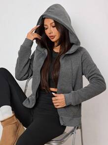 SHEIN Unity 女士纯色长袖拉链领休闲连帽夹克，秋季 - 灰色 - 查看 6