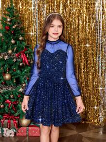 SHEIN Tween Girl Elegant Mesh Long Sleeve Dress, Shiny Fabric, Suitable For Dances, Parties, Christmas Events