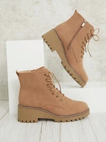 SHUZIA Bestseller Women's Taupe Lace-Up Ankle Boots With Stiching Wedge Sole – Chunky Heel With Rugged Outdoor Style - Khaki - View 2