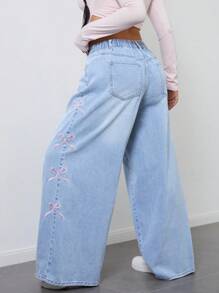 SHEIN ICON Plus Size Women Loose Pocket Embroidered Washed Casual Denim Pants - Light Wash - View 2
